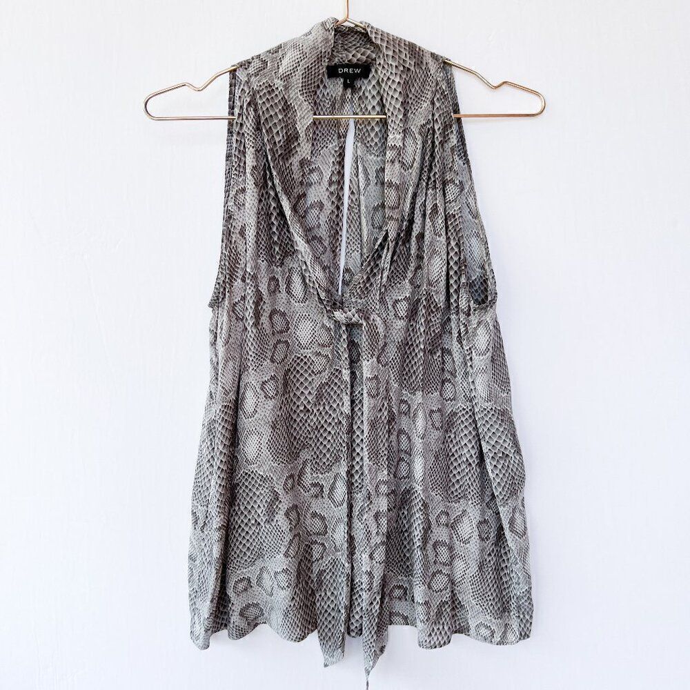 Drew 100% Silk Gray Snakeskin Print Sleeveless Front Tie Top Large